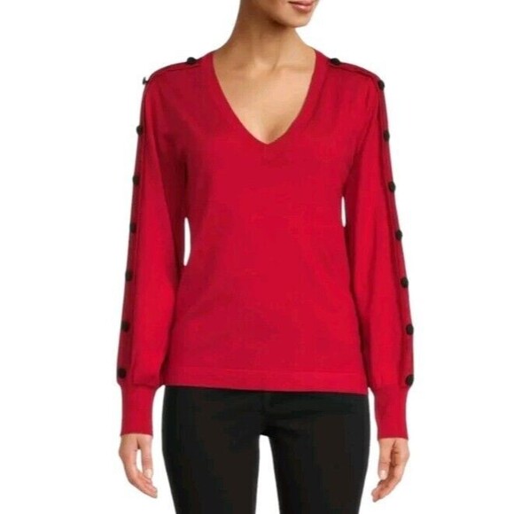 Karl Lagerfeld Sweaters - Karl Lagerfeld Classic Preppy Sweater Womens Medium V-neck Red Balloon Sleeve